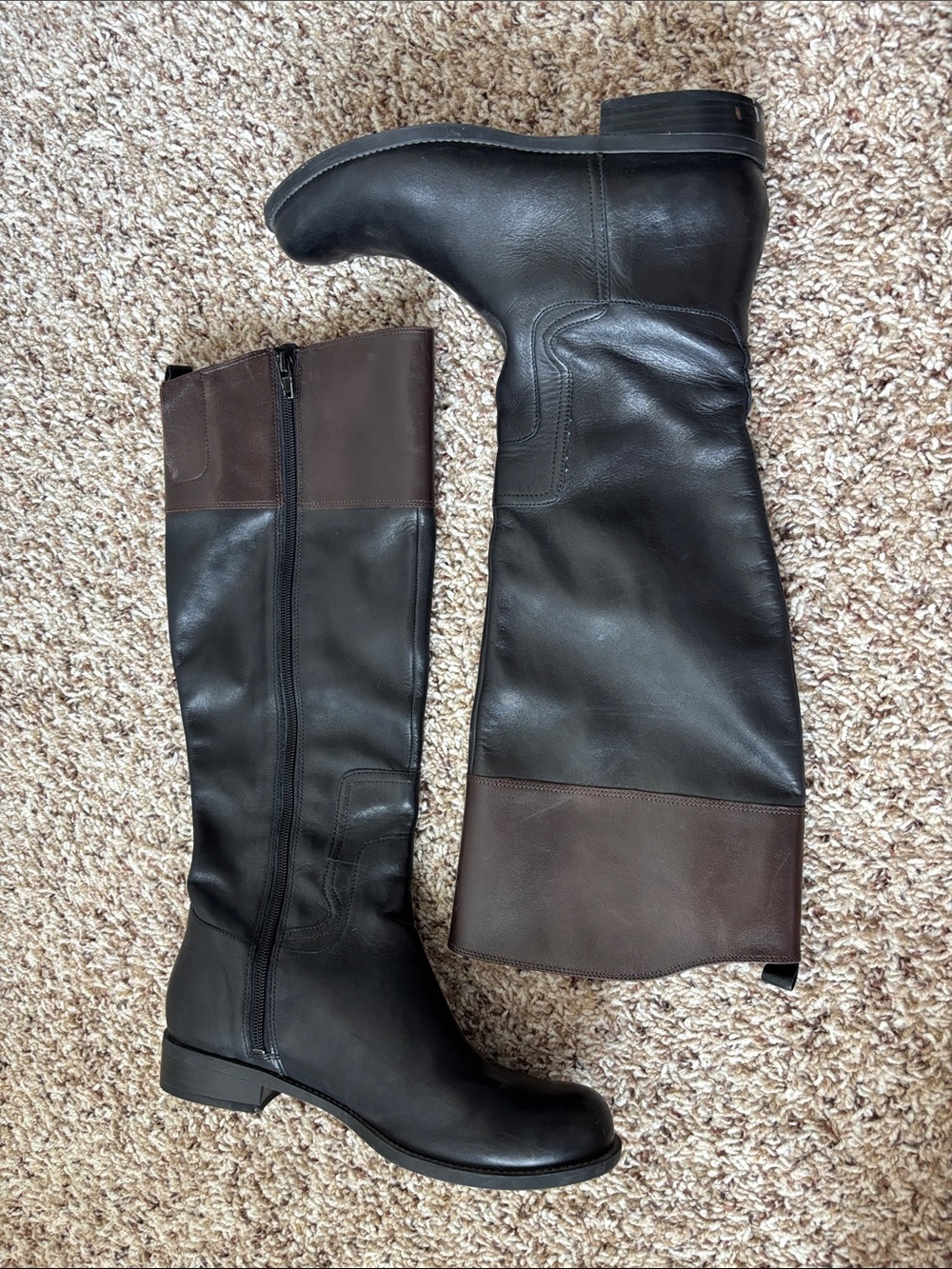 Nine West Two-Tone Knee Length Leather Boots - Black and Brown